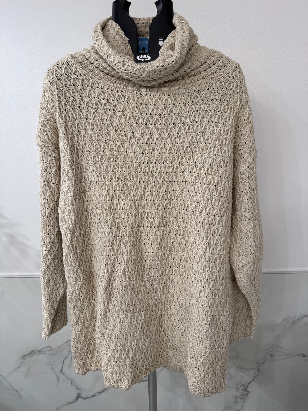Eric Stewart M Cream Cotton Linen Open Stitch Cowl Neck Pointelle Knit Sweater